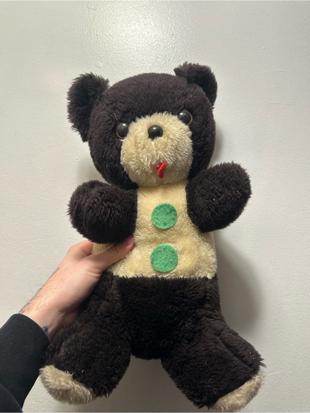 Vintage Sweet & Wells Teddy Bear Plush 16” Brown Cream Green Buttons Taiwan